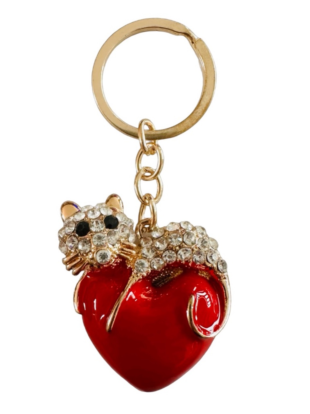 Gold-tone Red Enameled Jeweled Cat & Heart Keychain Ring 3 3/4” Luxury